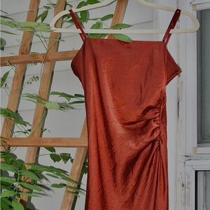 House of Harlow 1960 Asymmetrical Ruched Slip Dress in Orange Red